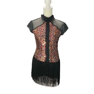 Weissman Adult Dance Recital Costume Mock Neck Sequin Fringes Black Red Sz M